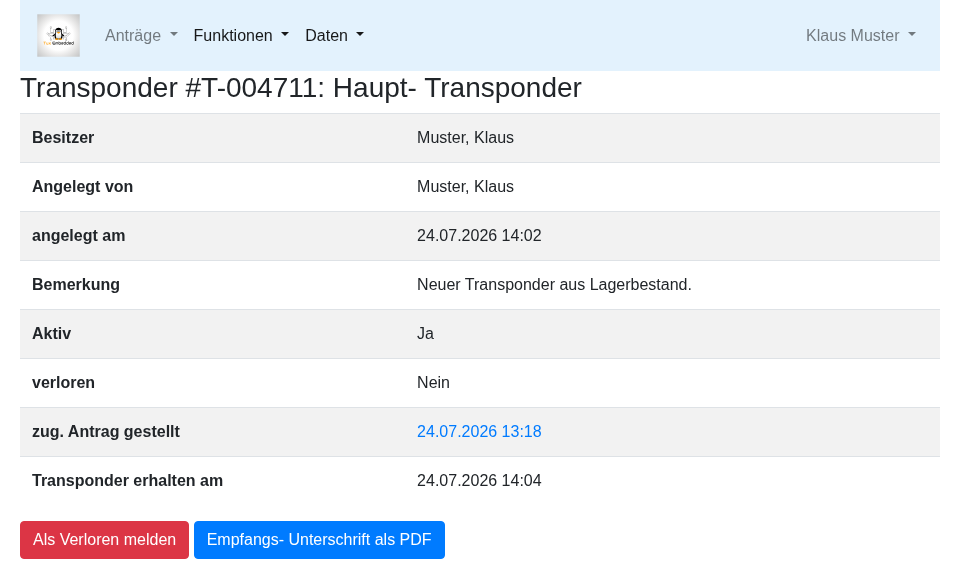 Transponder-Details mit Verlustmeldung und Empfangs-Unterschrift als PDF